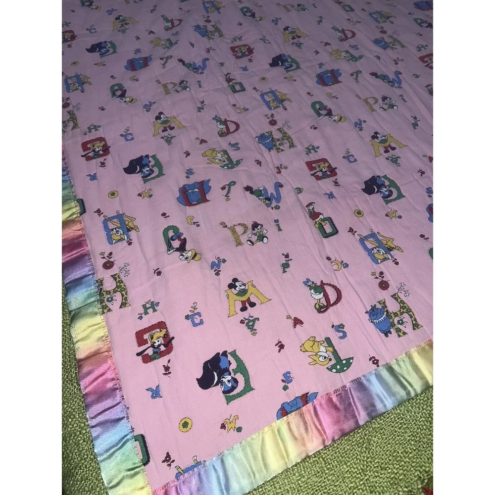 Handmade Baby Quilt , Vtg Disney ABC's Fabric , Pink , Satin Trim‎ , Hand Stitch